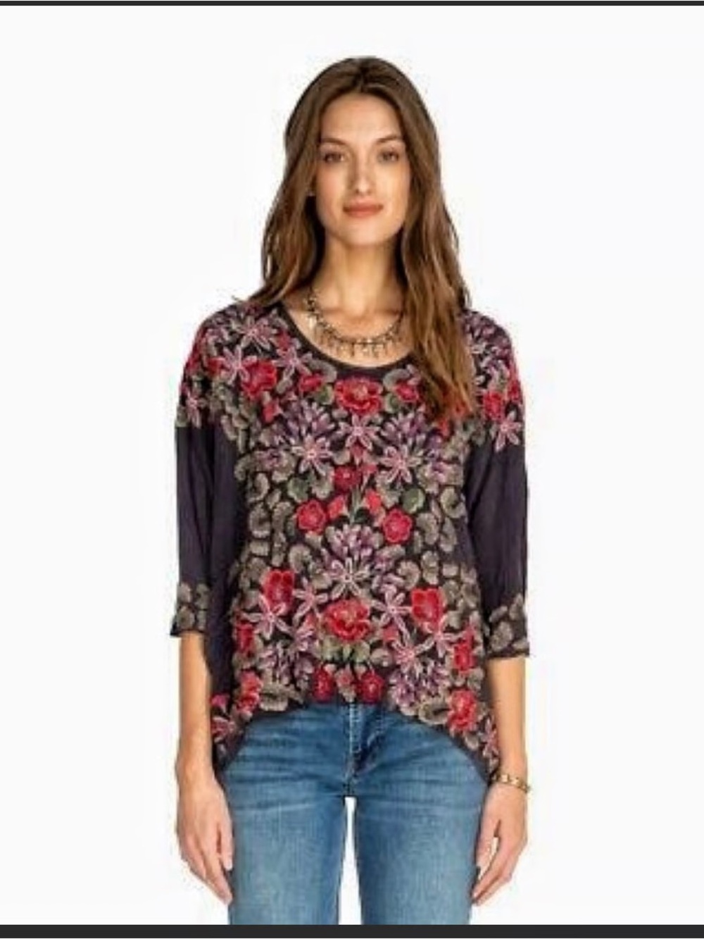 Johnny Was Floral Embroidered Rayon Top